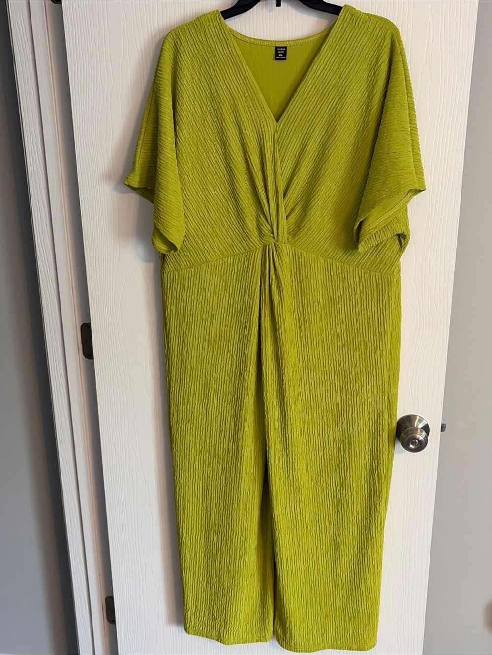 V-Neck Chartruse Green Midi Dress with Twist Front and Front Slit